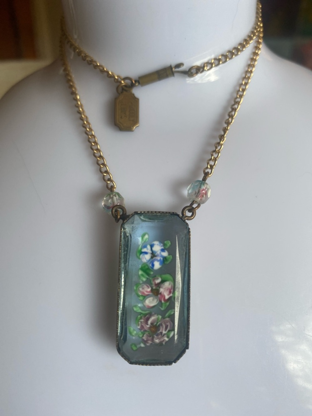PIDIDDLY LINKS Vtg Signed REVERSE PAINTED INTAGLIO GLASS GIVRE BEADS NECKLACE